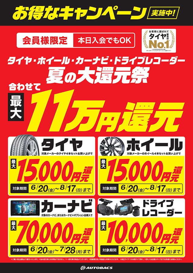 タイヤ・ホイール・カーナビ・ドライブレコーダー 夏の大還元祭