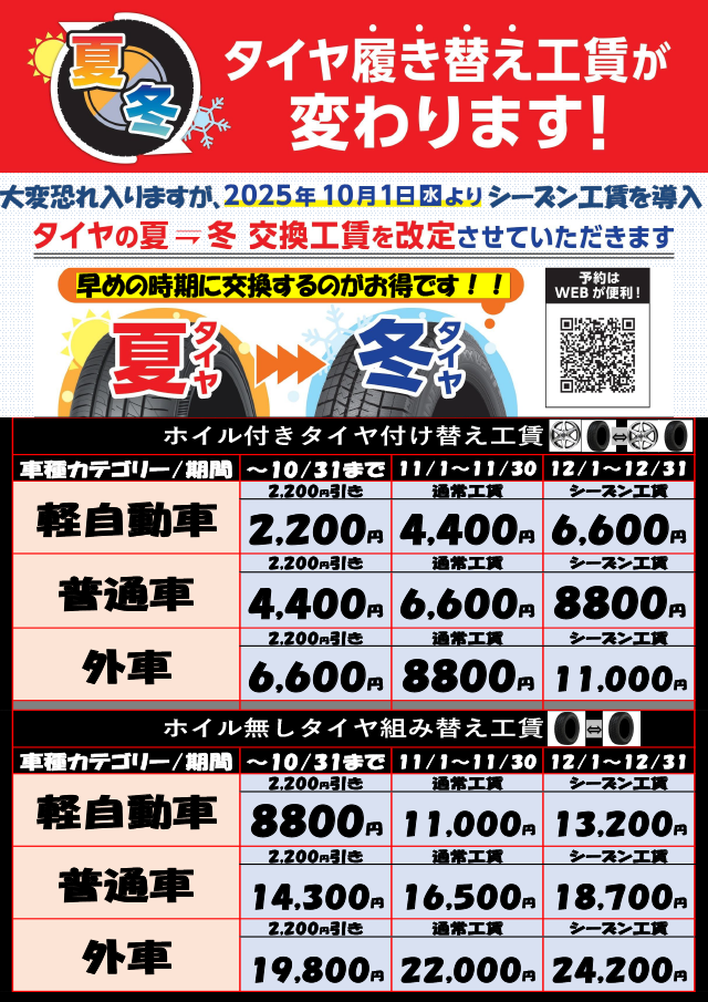 夏→冬タイヤ履き替え工賃