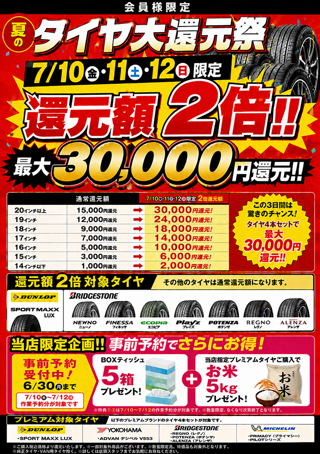 夏のタイヤ大還元祭 還元額2倍！！